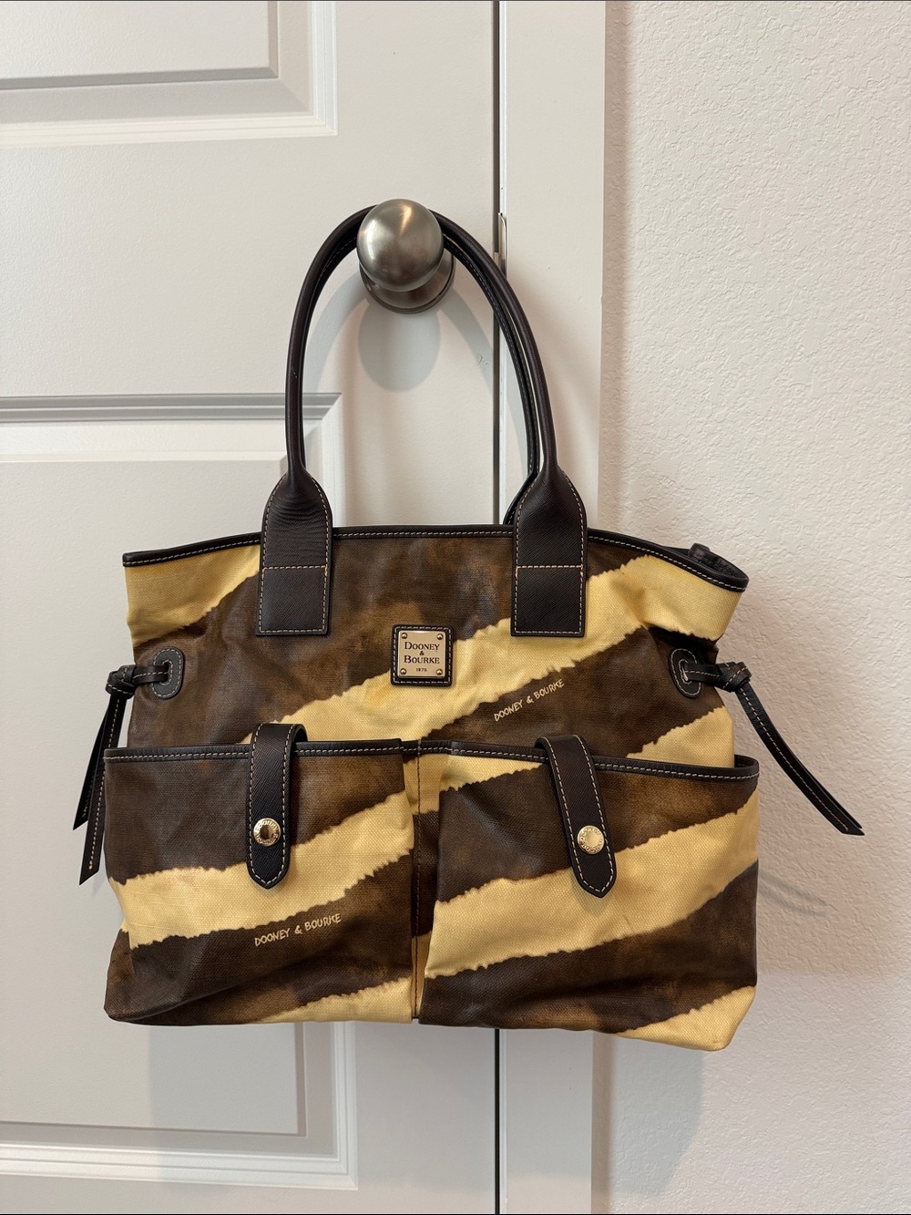 Dooney & Bourke Brown and Yellow Striped Canvas Tote